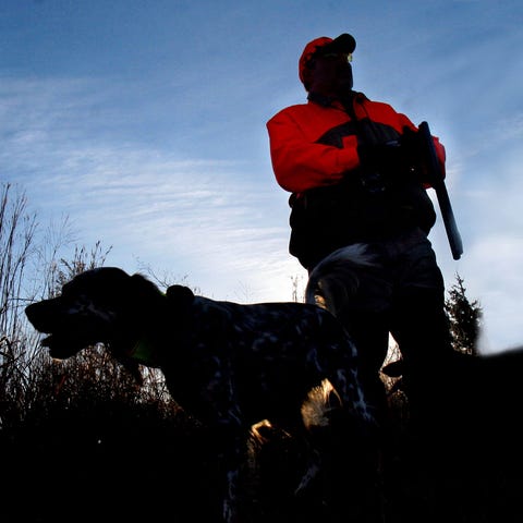 A photo illustration of a hunter and hunting dogs.