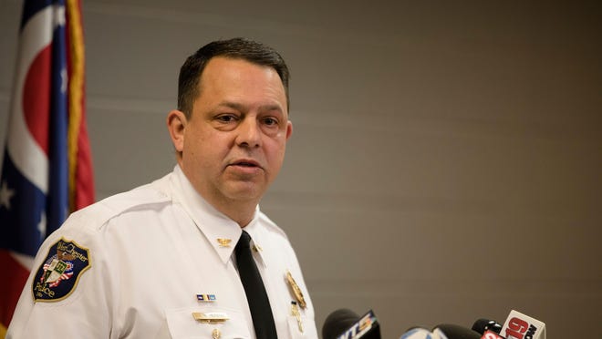 West Chester Police Chief Joel Herzog speaks to the press at the West Chester police station in April 2019.