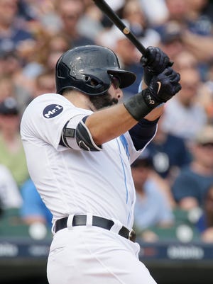 The Detroit Tigers' Alex Avila singles against the Tampa Bay Rays during the first inning Saturday.