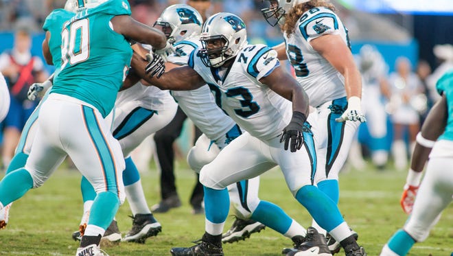 Former Ole Miss and current Carolina Panthers left tackle Michael Oher (73) is playing in his second Super Bowl on Sunday against the Denver Broncos.
