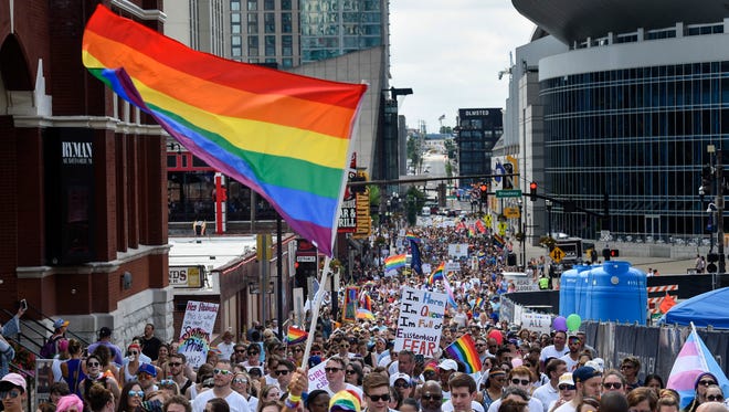 Thousands gathered to show their pride and march through downtown for the Nashville Pride Festival in Nashville, Tenn., Saturday, June 23, 2018.