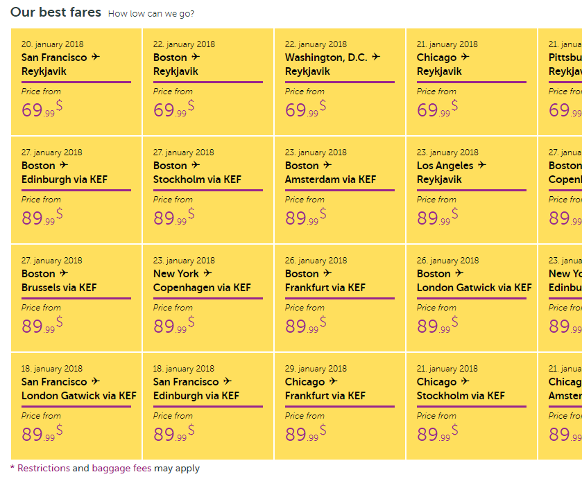 WOW Air's website showed this list of sale fares on Tuesday, Jan. 16, 2018.