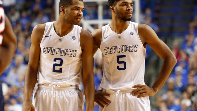 Feb 21, 2015; Lexington, KY, USA; Kentucky Wildcats guard Aaron Harrison (2) and guard Andrew Harrison (5) during the game against the Auburn Tigers in the second half at Rupp Arena. The Kentucky Wildcats defeated the Auburn Tigers 110-75. Mandatory Credit: Mark Zerof-USA TODAY Sports