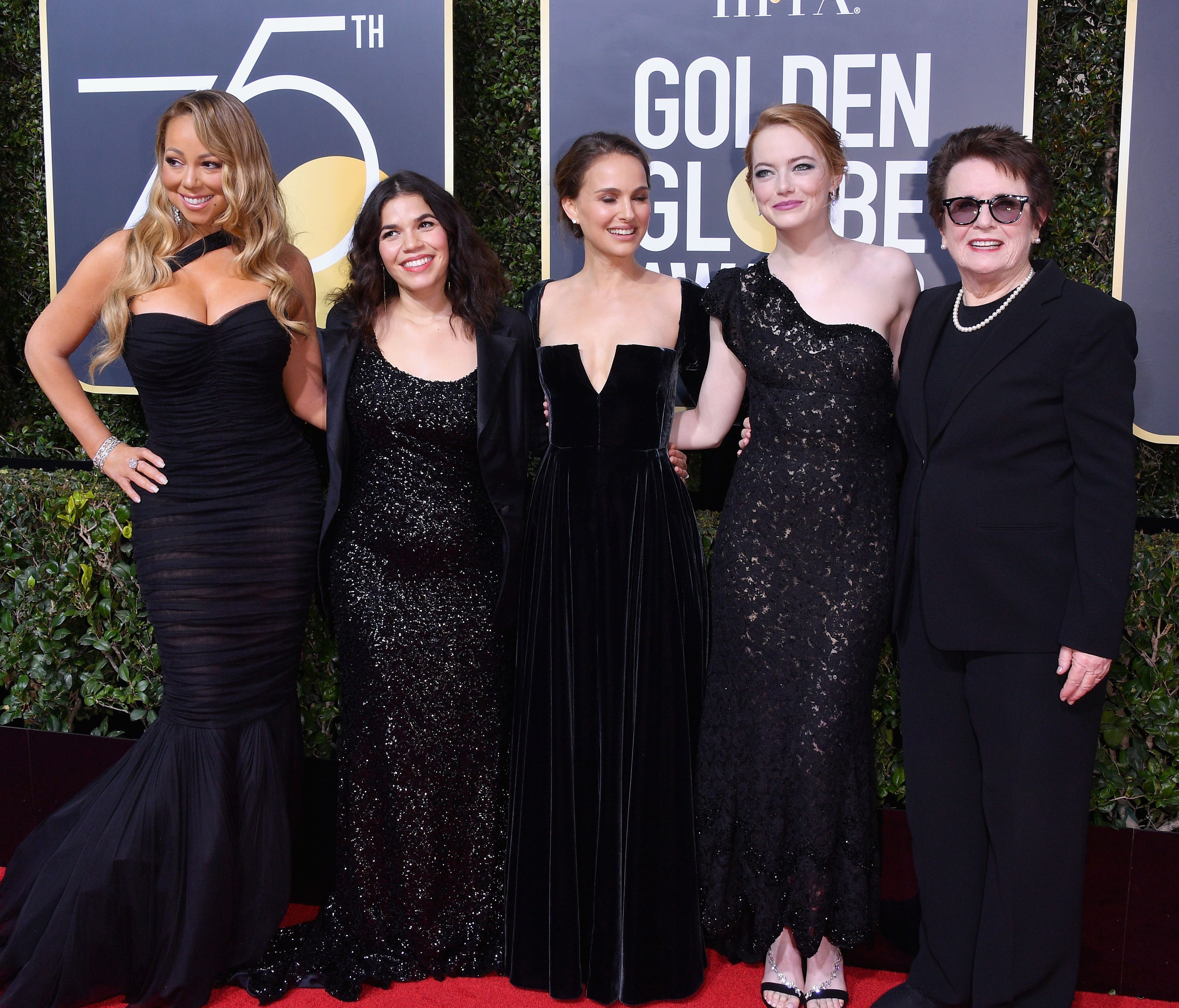 At the Golden Globes, stars like Mariah Carey, America Ferrera, Natalie Portman, Emma Stone and tennis great/women's advocate Billie Jean King wore black in support of Time's Up.