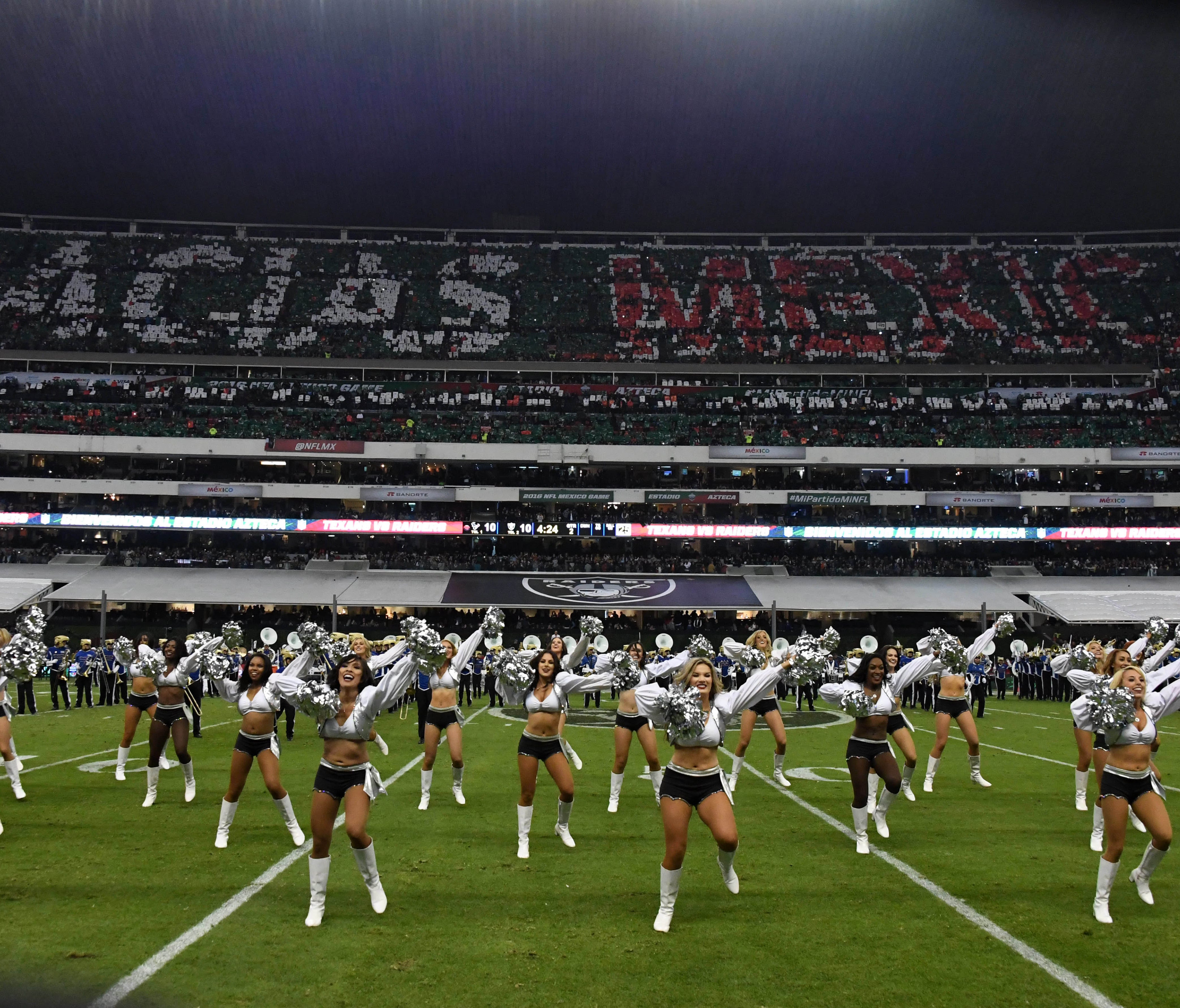 Oakland Raiders raiderette cheerleaders perform during a NFL International Series game against the Houston Texans at Estadio Azteca.