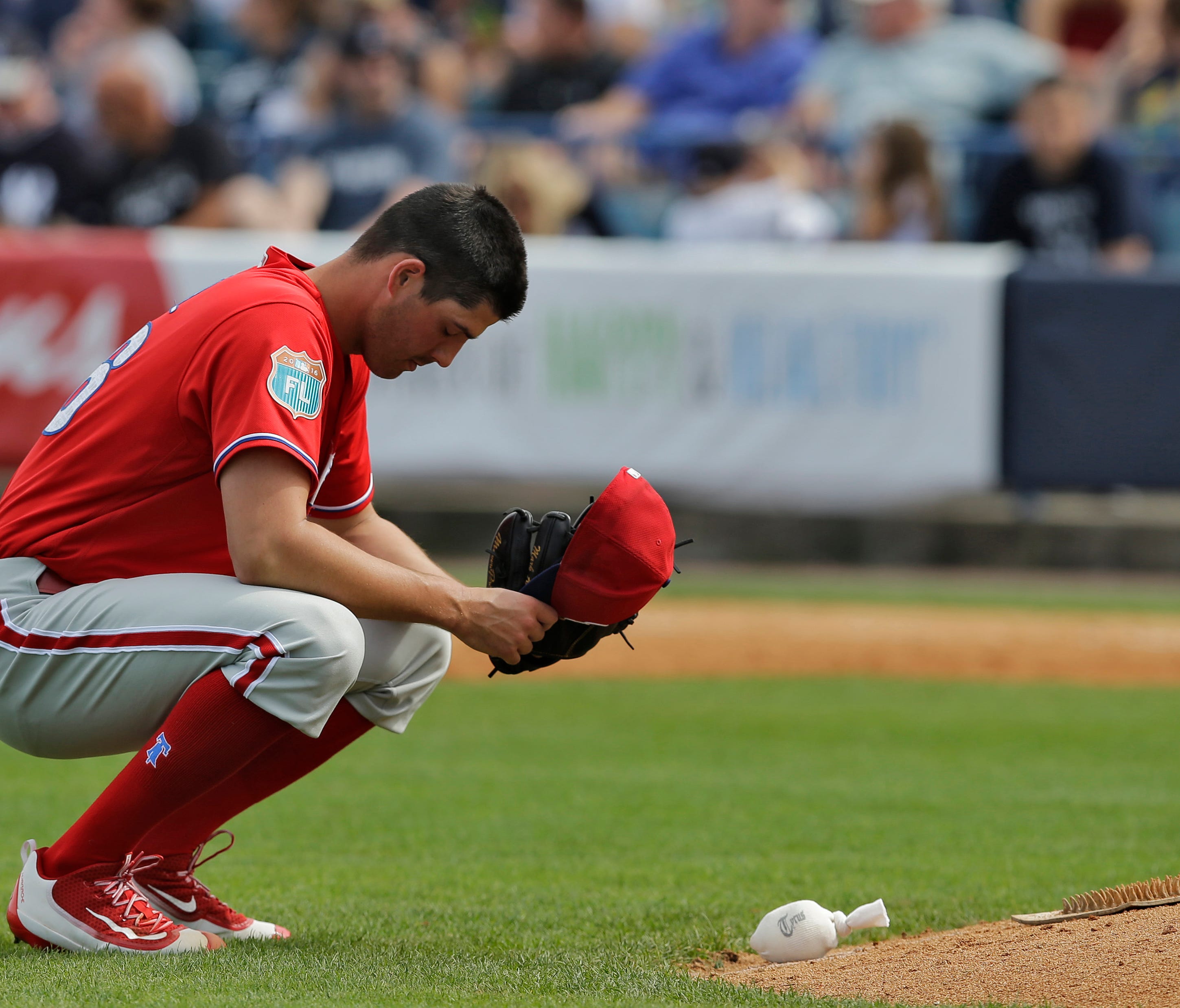 Mark Appel says a brief prayer before facing the New York Yankees during a 2016 spring training game.