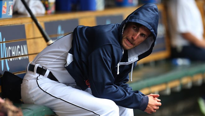 Detroit Tigers right-hander Shane Greene in the dugout after being taken out during fifth inning action against the Oakland Athletics on June 4, 2015.