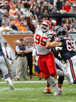 Kansas City Chiefs defensive tackle Chris Jones blocks a pass by Chicago Bears quarterback Jay Cutler during the first half.