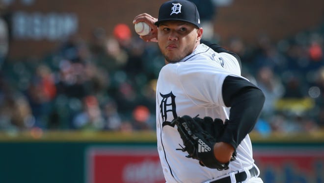 Detroit Tigers relief pitcher Joe Jimenez is brought in as the Detroit Tigers take on the Pittsburgh Pirates at Comerica Park for Opening Day in Detroit Friday March 30, 2018.