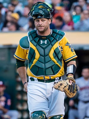 Oakland A's catcher Stephen Vogt after a Houston Astros run during the first inning at Oakland Coliseum.