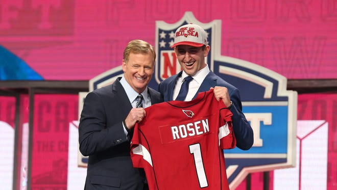 Apr 26, 2018; Arlington, TX, USA; Josh Rosen is selected as the number eleven overall pick to the Arizona Cardinals in the first round of the 2018 NFL Draft at AT&T Stadium. Mandatory Credit: Matthew Emmons-USA TODAY Sports