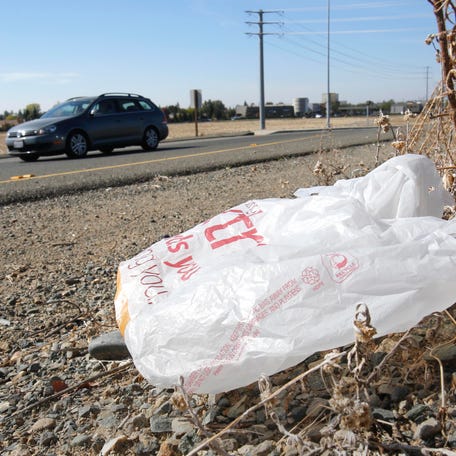 A plastic shopping bag liters the roadside in Sacramento, Calif. Gov. Jerry Brown signed legislation Tuesday imposing the nation's first statewide ban on most plastic bags issued at grocery stores out of concern the bags create pollution problems.