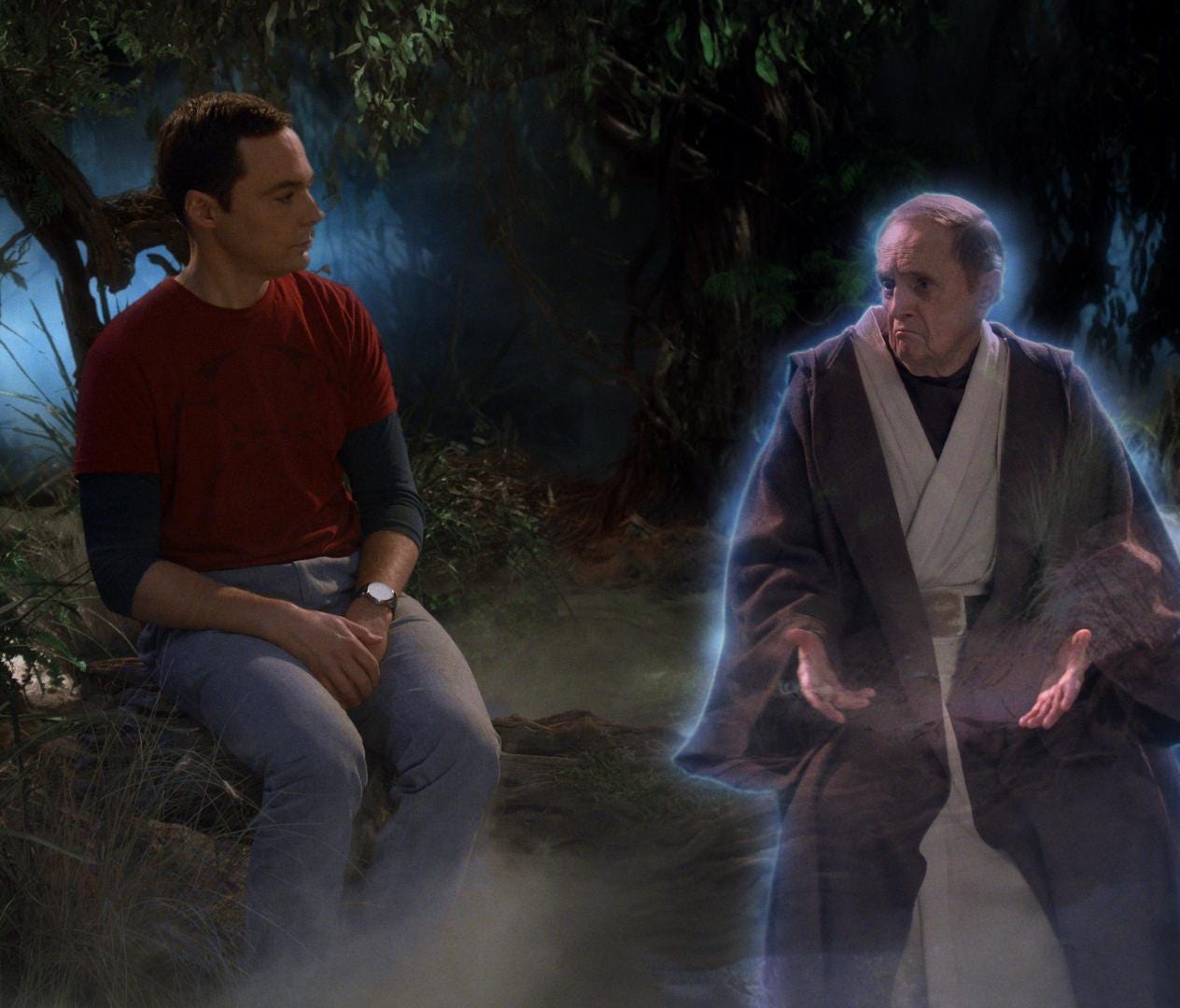 Arthur Jeffries (Bob Newhart), right, isn't exactly thrilled that Sheldon (Jim Parsons) has pulled him into his dream world in a scene from CBS's 'The Big Bang Theory.'