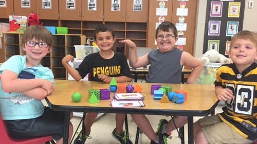 Students in Carly Kleckner’s kindergarten class at Dillsburg Elementary are working with "like" tangrams and mental blocks. The students are practicing fine motor skills and sight word recognition as well as learning to take turns and think critically. Pictured are, from left, Ryder Yost, Edward Griffith, Lochlan Fitzgerald and Lucas Soliz.