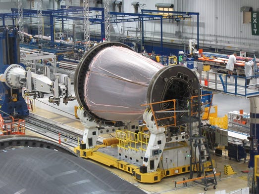 Work on Boeing 787 fuselages is seen at the 837,431-square