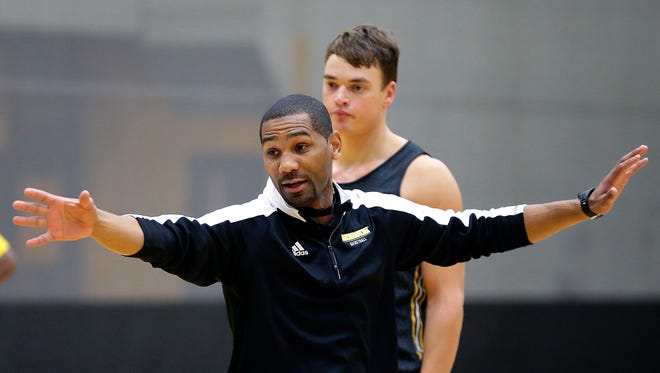 UWM head coach Lavall Jordan instructs during practice at Tuesday's media day.
