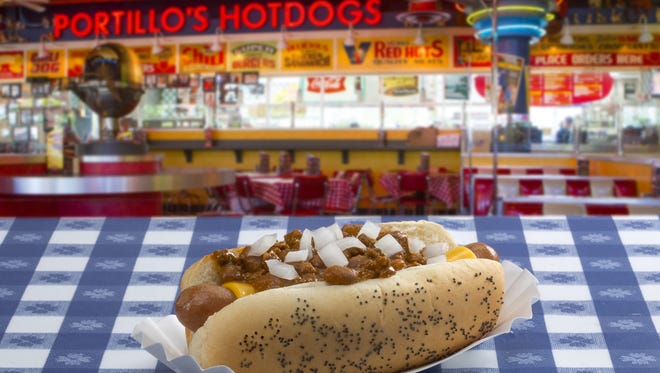 The jumbo chili dog from Portillo's offers the best of both worlds with a Chicago-style hot dog covered in hearty chili.