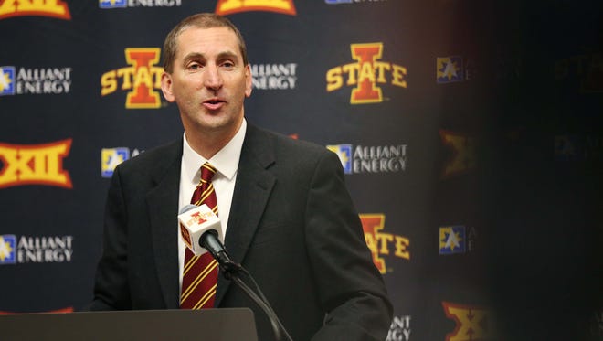 Iowa State University Athletic Director Jamie Pollard introduces the new head football coach Matt Campbell during a news conference on Monday, Nov. 30, 2015, on the Iowa State campus. 