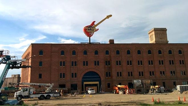 The Hard Rock signature guitar logo sits atop its new hotel and casino in Sioux City.