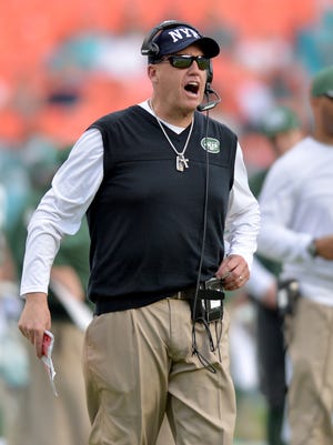Dec 28, 2014: New York Jets head coach Rex Ryan yells out from the sideline during the second half against the Miami Dolphins at Sun Life Stadium.