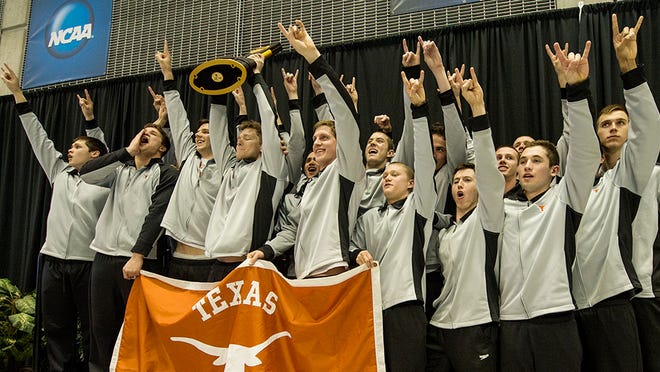 Lakeview graduate Clay Youngquist, holding the middle of the Texas banner, helped the Longhorns to the 2015 NCAA National Championship in men’s swimming.