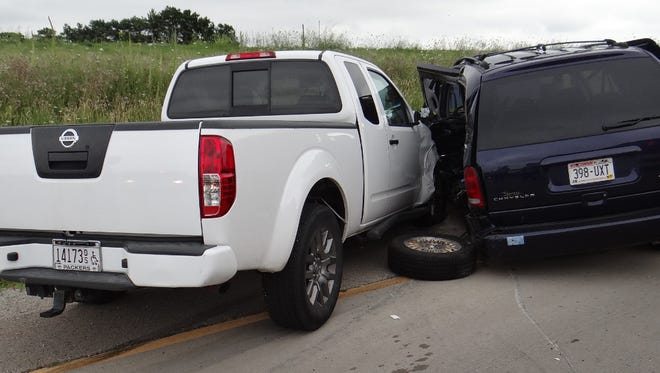 A white pickup struck a van at the on ramp of Highway 151 at State 33 Thursday in Dodge County. Occupants of both vehicles were taken to the hospital.