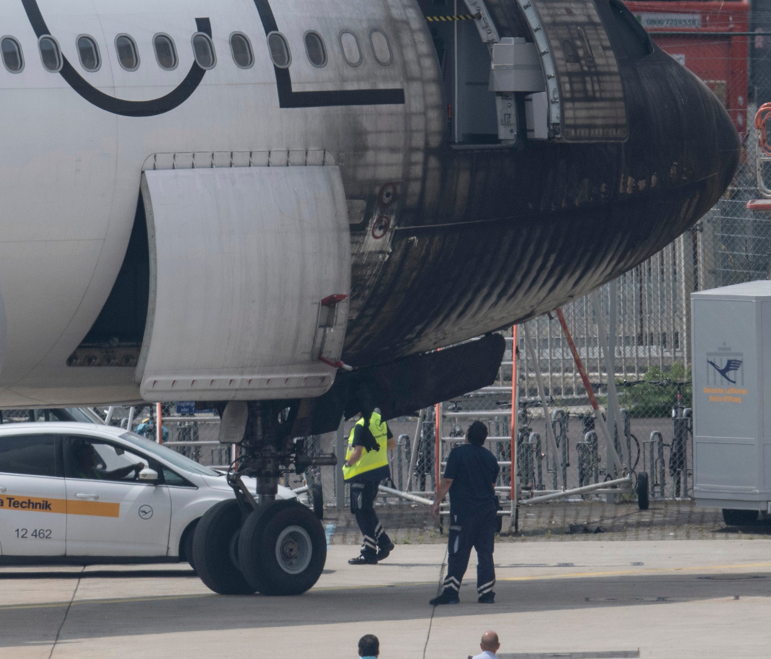 The blackened and heavily damaged cockpit area of Lufthansa Airbus A340 is seen after the incident at Germany's Frankfurt Airport on June 11, 2018. The aircraft was painted in a special Star Alliance paint scheme.