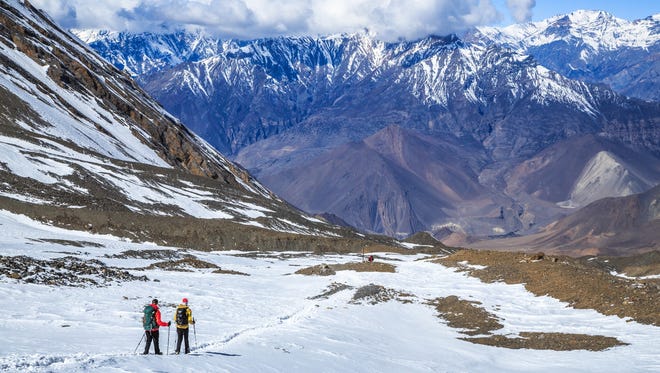 The Annapurna mountainscape in Nepal between Thorong La to Mukinath.