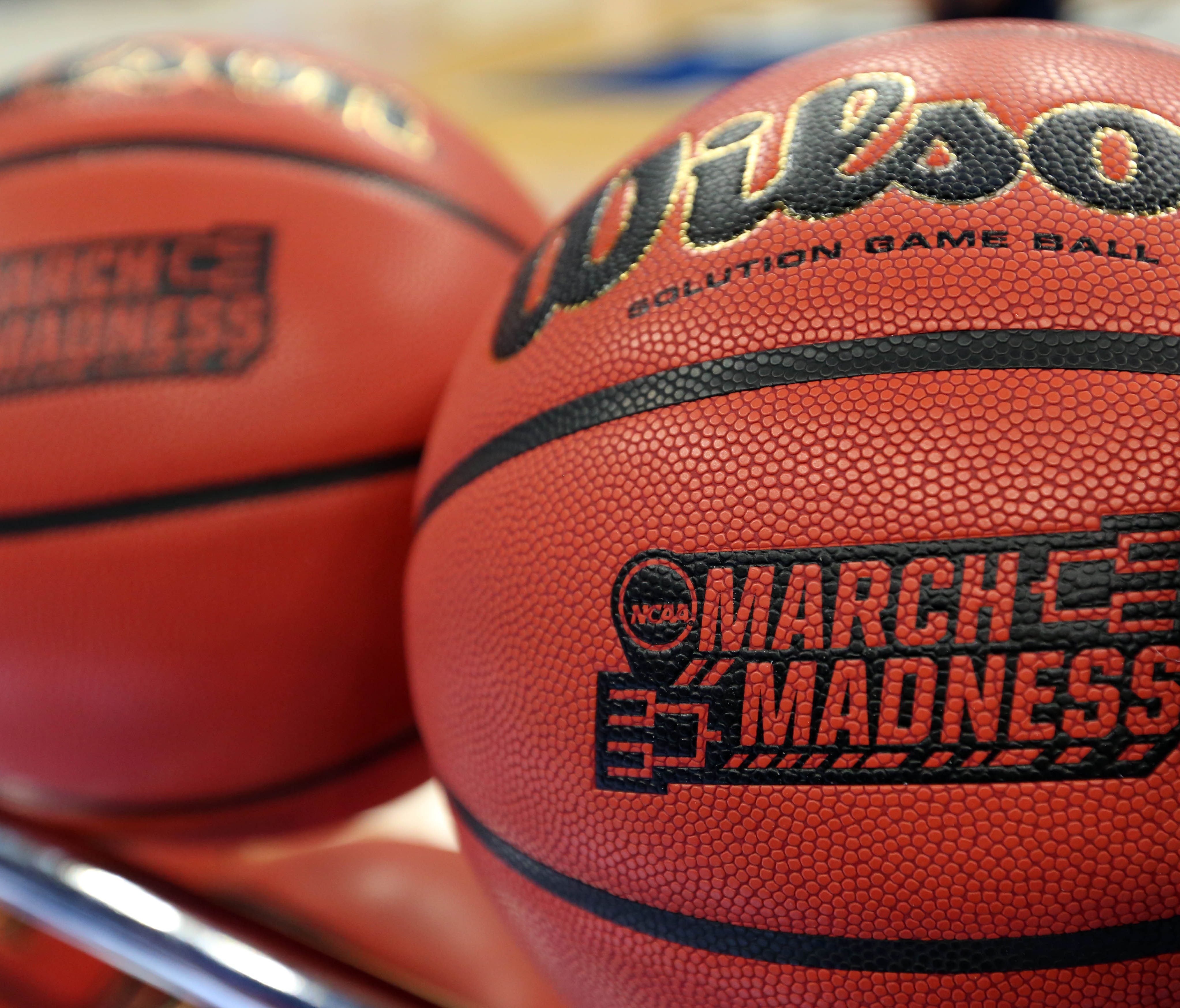 A picture of the NCAA  Marck Madness basketballs during practice prior to the first round of the NCAA Tournament at Amway Center in Orlando.