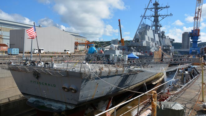 The destroyer Fitzgerald in dry dock in Yokosuka, Japan.