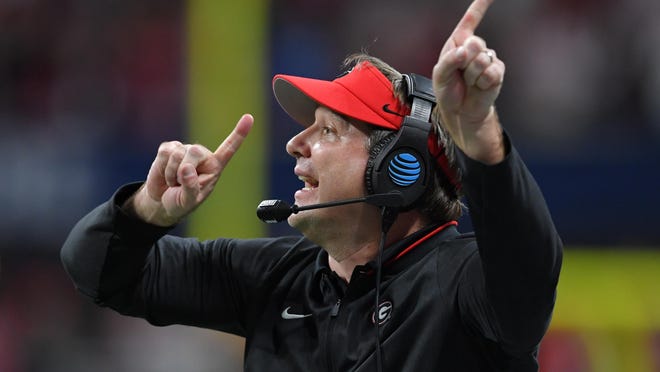 Georgia head football coach Kirby Smart reacts on the sidelines during the Southeastern Conference championship game against Alabama on Dec. 1, 2018, at Mercedes-Benz Stadium in Atlanta.