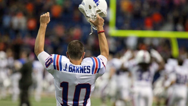 Louisiana Tech kicker Jonathan Barnes reacts after the final play of the game in Saturday's win over UTSA.