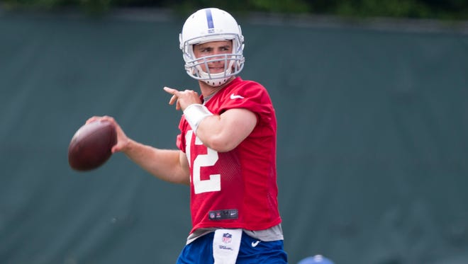 Andrew Luck throws during Colts OTAs during 2014 offseason.