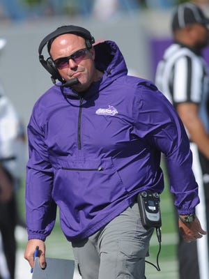 ACU coach Adam Dorrel reacts to a play in the first half against Southeastern Louisiana. The Lions beat ACU 56-21 in the Southland Conference game Saturday, Oct. 21, 2017 at Wildcat Stadium.