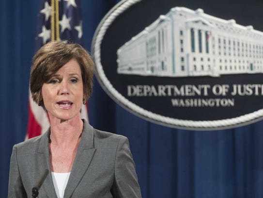 Sally Yates speaks during a press conference at the