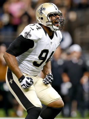 New Orleans Saints defensive end Cameron Jordan (94) reacts after a sack against the Oakland Raiders.