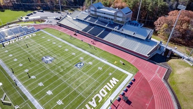 An aerial view of Wildcat Stadium at the University of New Hampshire.