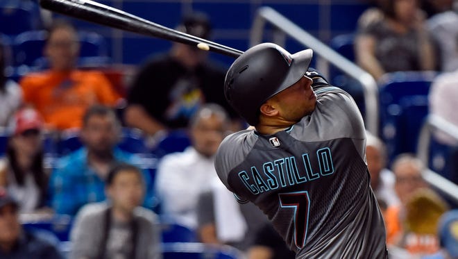 May 3, 2016: Arizona Diamondbacks catcher Welington Castillo (7) connects for a two run home run during the sixth inning against the Miami Marlins at Marlins Park.