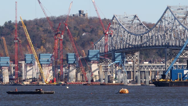 The main support towers for the new Tappan Zee Bridge rise near the current span.