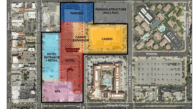 The site plan for the planning area in downtown Palm Springs where the Agua Caliente Band of Cahuilla Indians plans to develop a new entertainment district. The Palm Springs City Council will discuss the plan at Wednesday's meeting.