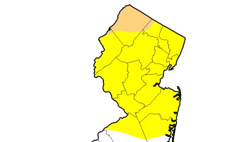 The yellow area is abnormally dry and the brown area is in a moderate drought