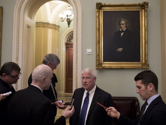 Sen. Roger Wicker, R-Miss., speaks with reporters at