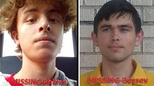 Benjamin Rhines, left, and Iordan Bossev. The U.S. Marshals Service said they are missing and are believed to be traveling together.