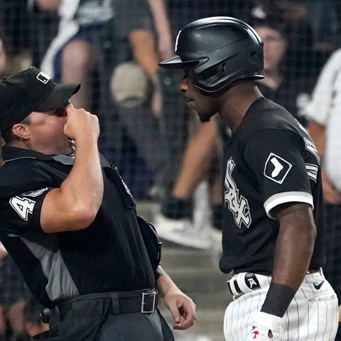 Home plate umpire Nick Mahrley reacts after Chicag