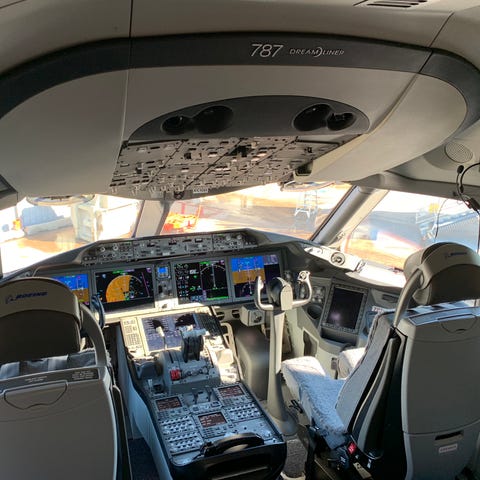 A view of the cockpit on United's first Boeing...