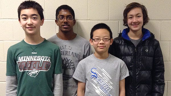 Shown, left to right, are members of the Sartell Middle School MATHCOUNTS team: Jacob Wieland, Janagan Ramanathan, David Zhang and Luc Westling. The team's win at regional competition sends them to the state contest March 11-12.