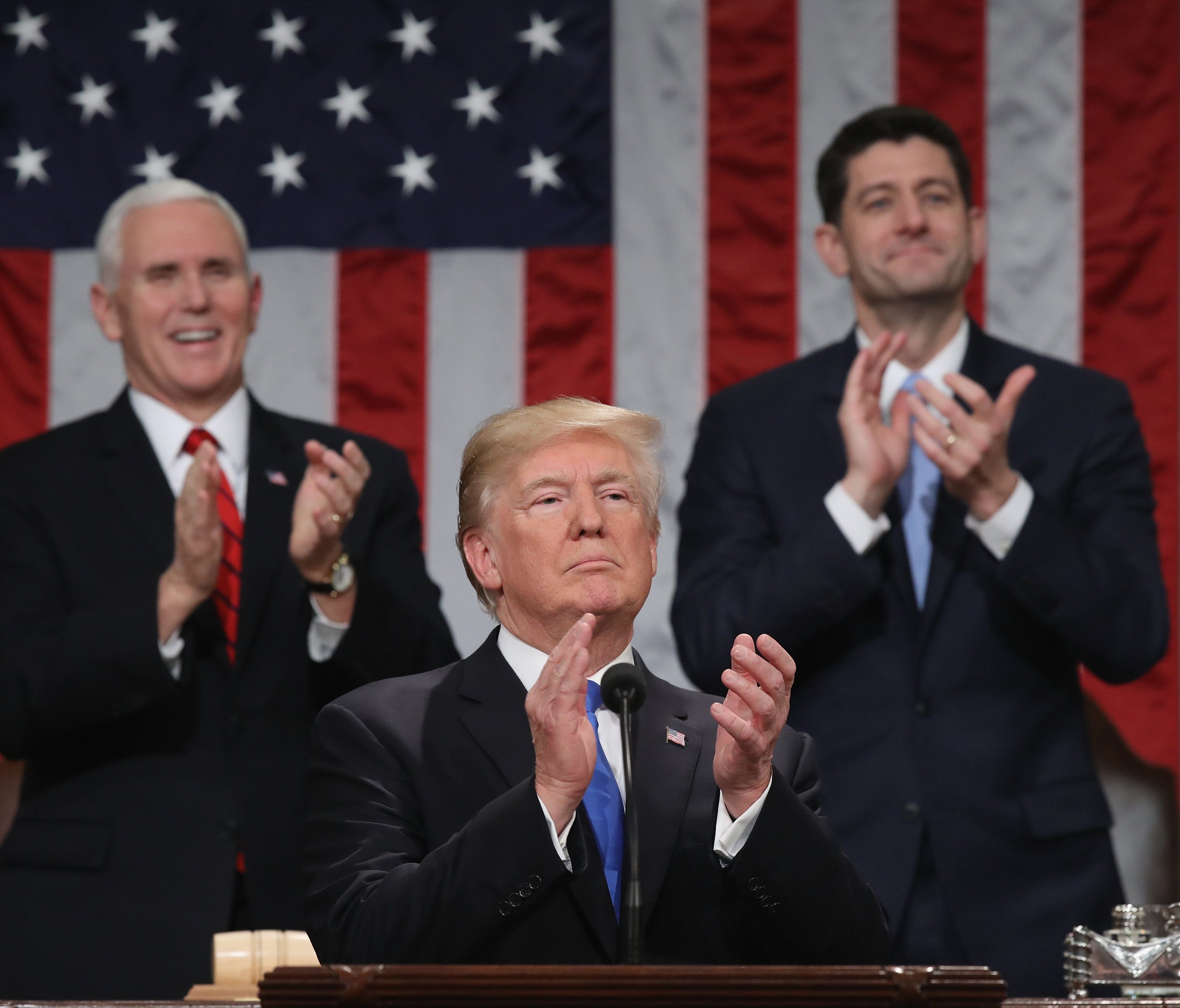 President Donald J. Trump claps during the State of the Union address Jan. 30, 2018. This is the first State of the Union address given by US President Donald J. Trump and his second joint-session address to Congress.  EPA-EFE/WIN MCNAMEE / POOL ORG 