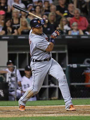 Miguel Cabrera of the Detroit Tigers hits a two-run single in the 7th inning against the Chicago White Sox at U.S. Cellular Field on July 22, 2016 in Chicago, Illinois.