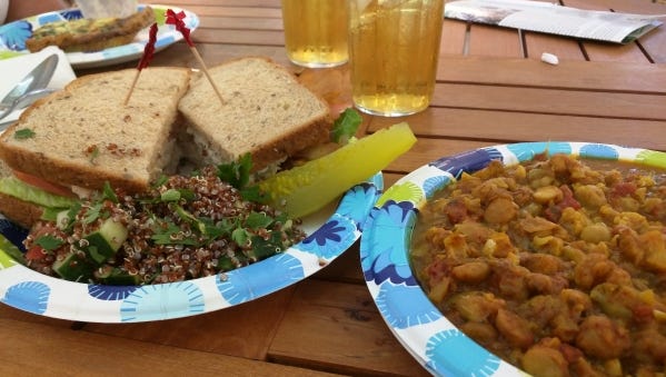 Sealantro's tuna sandwich and curried cauliflower and chickpea stew.