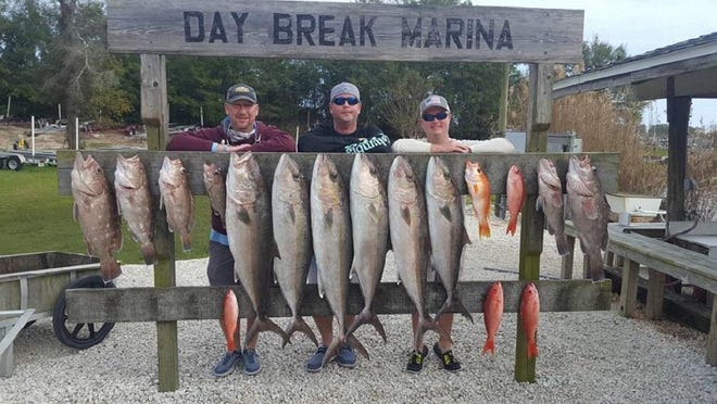 Some happy anglers after a good day of amberjack fishing this past weekend with Captain Jake Adams out of Day Break Marina aboard their new Freeman Boat.